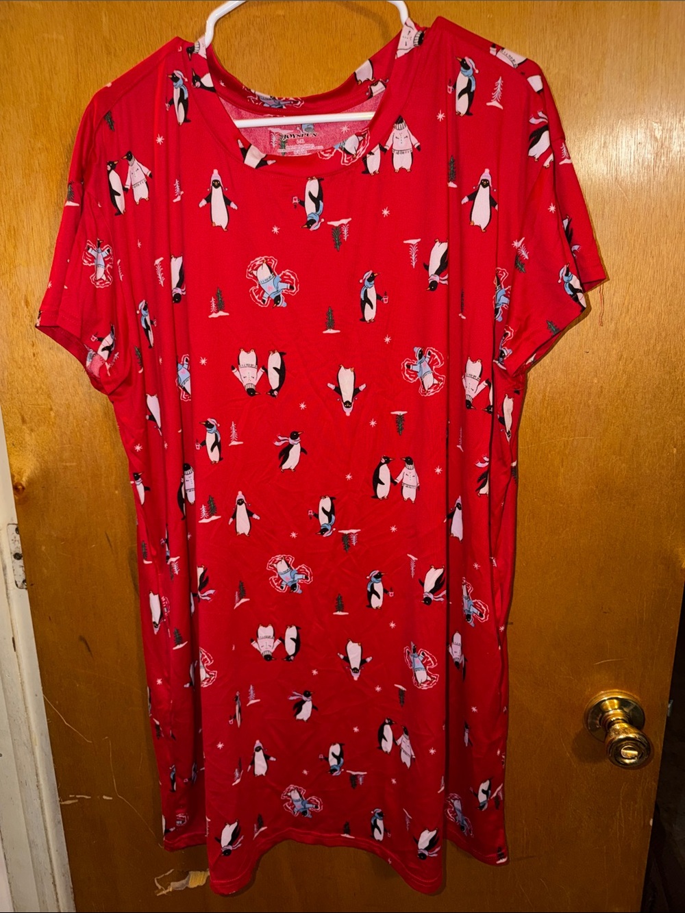 Women’s Red Penguin-Print Short Sleeve Nightshirt with Pockets